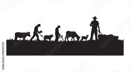 Shadows of farmers doing their jobs along with farm animals