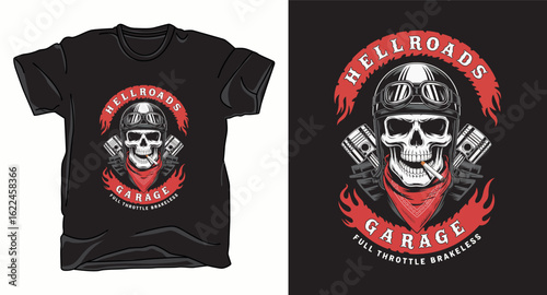 Hell roads garage skull motorbike graphic vector art t-shirt design print