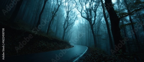 Mysterious Foggy Forest Road at Dusk