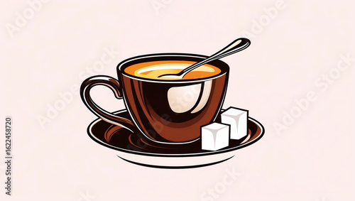 Warm Brew: A meticulously rendered, inviting illustration presents a cup of freshly brewed coffee, served alongside a plate and sugar cubes, perfect for a moment of comfort.