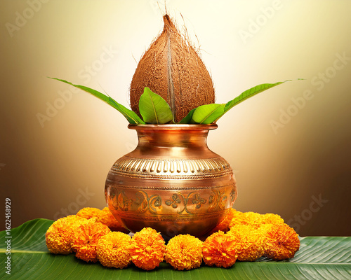 Indian festival akshaya tritiya concept : Decorative kalash with coconut and leaf with floral decoration
