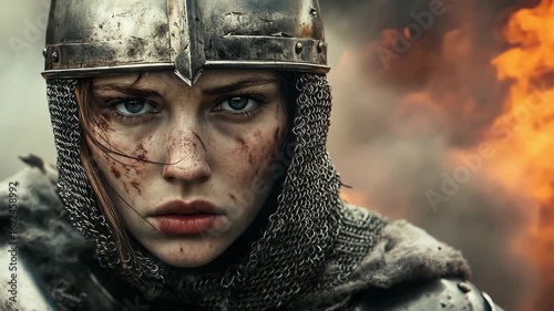 A fierce female warrior with a determined expression stands strong, surrounded by flames and the aftermath of battle at dusk