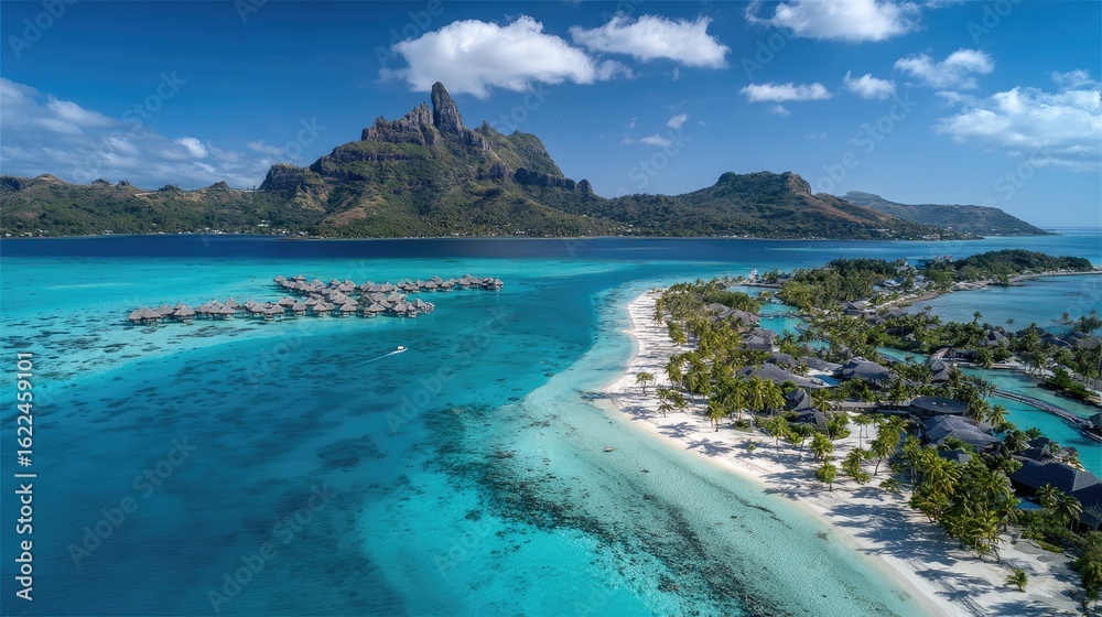 Fototapeta premium Tropical island paradise with overwater bungalows.
