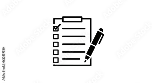 A clipboard with a checklist and a pen, showing one item checked off, in a simple black and white illustration.