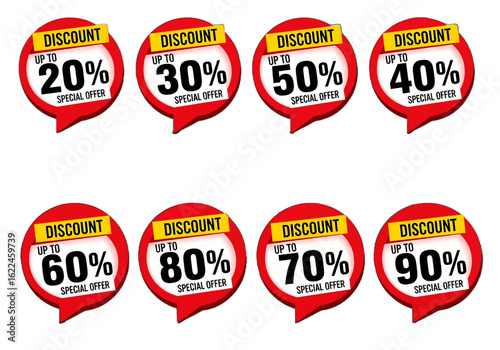 adobe illustrator artwork set of discount and sale labels in speech bubble shape with various percentage offers. Ideal for e-commerce, advertising, and retail promotions
