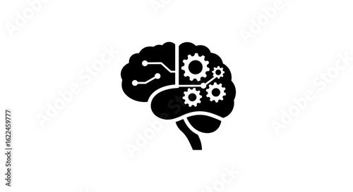 Silhouette of a human brain with interconnected gears and circuits, symbolizing artificial intelligence or technological advancement of the mind.