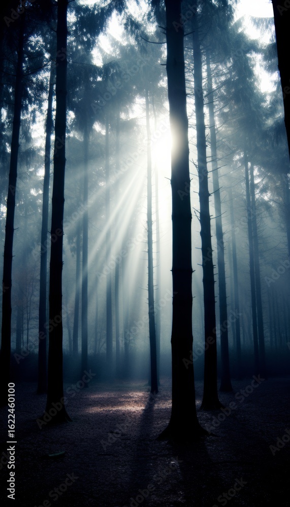 Fototapeta premium Sonnenstrahlen fallen durch die Bäume eines Waldes am frühen Morgen, verträumte und stimmungsvolle Atmosphäre, Generative AI