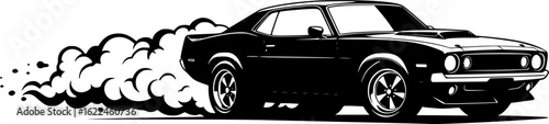 Stylized muscle car speeding with tire smoke in black and white illustration editable vector silhouette isolated on white background	