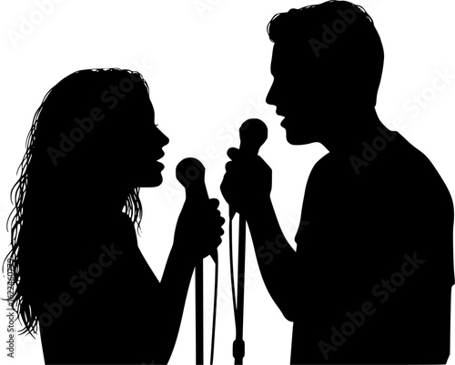 profile silhouette of a talented guy and girl singing a duet into a microphone, concept art of voice and music, love and relationships on a white isolated background