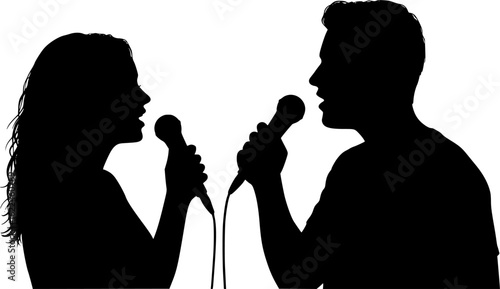 profile silhouette of a talented guy and girl singing a duet into a microphone, concept art of voice and music, love and relationships on a white isolated background