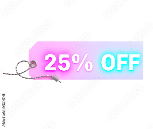 A Bold 25% Discount Announcement, Featuring a New Purple Tag with Clear Text and a Seamless Transparent Background. Beautiful glowing tag.