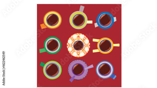 Coffee Collection: A bird's-eye view reveals a vibrant collection of diverse coffee cups, each boasting unique colors and designs, inviting warmth and delight.