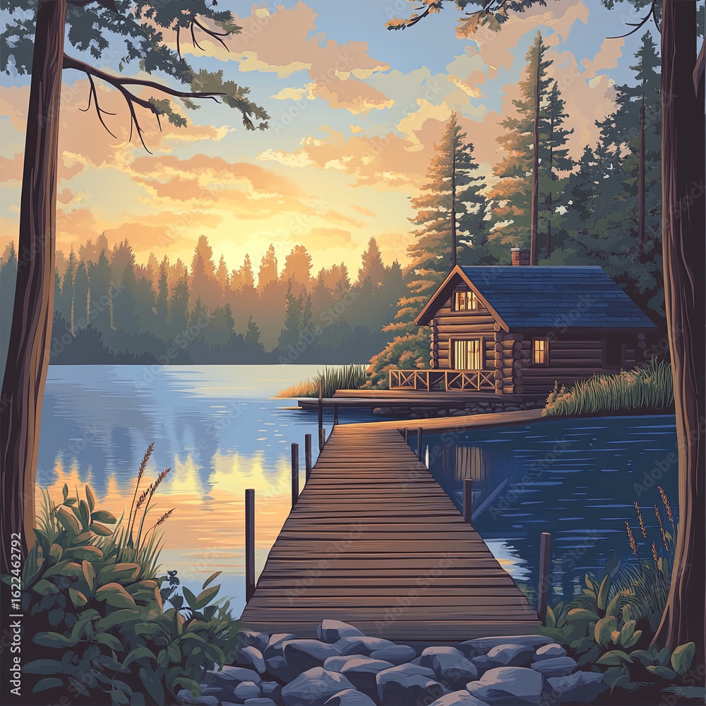 Fototapeta premium cabin beside a tranquil lake