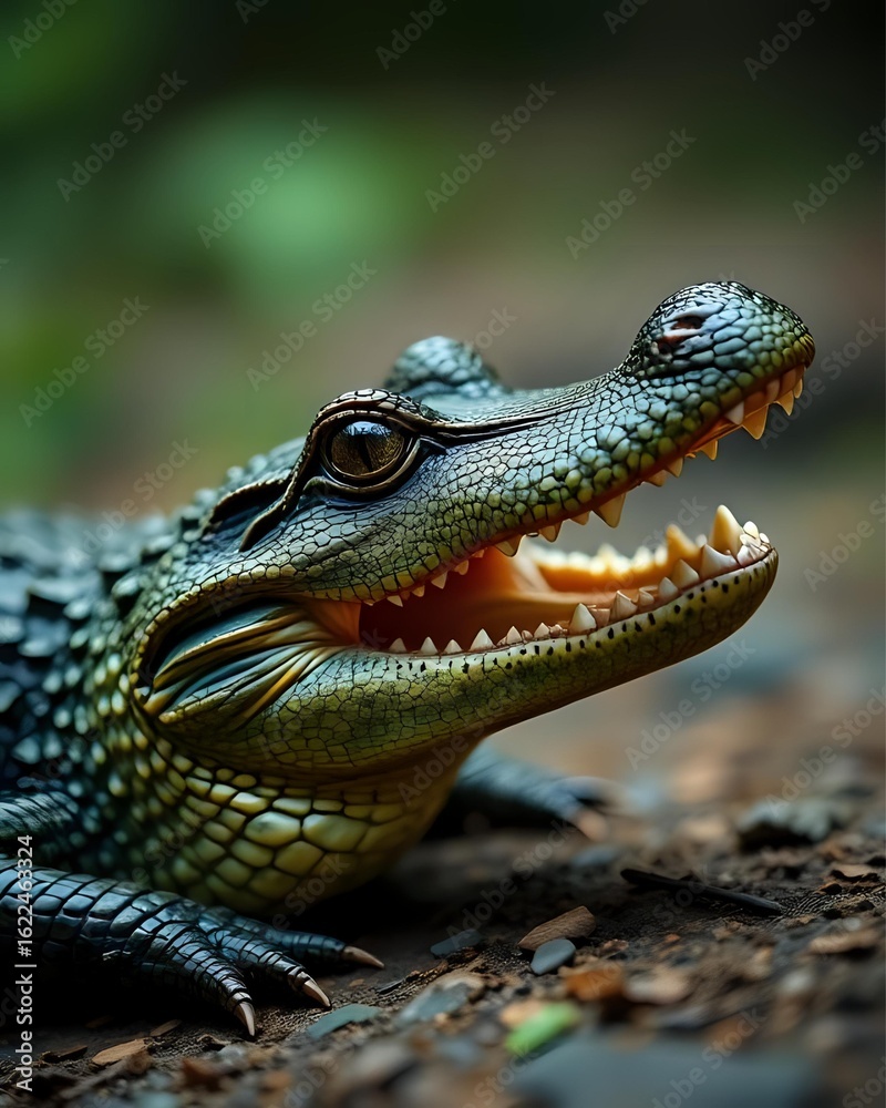 Fototapeta premium Macro Shot of a Young Alligator Head with Open Mouth, Blurred background Animal Portrait, Wildlife Photo, Scaly Reptile Predator Cute Wild Animals, Close-up Photography, Soft-focus detailed image Cold