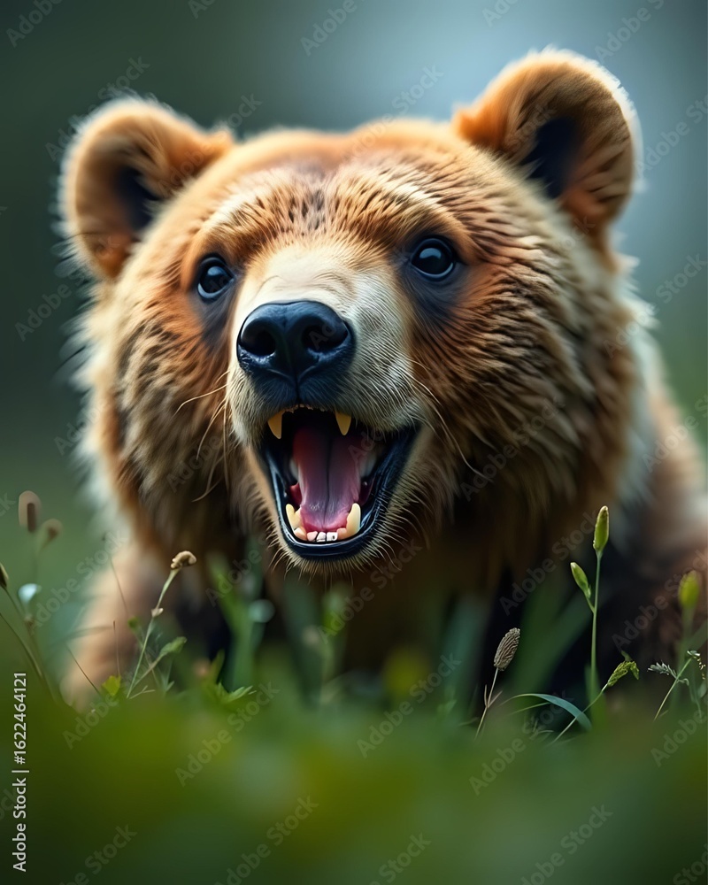Fototapeta premium Macro Shot of a Young Brown Bear Cub Head with Open Mouth, Blurred Grass Animal Portrait, Wildlife Photo, Big Grizzly Predator Mammal Cute Wild Animals, Close-up Photography, Soft-focus detailed image