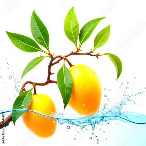The crystal clear waters are rippling with sparkling fresh ripe mangoes, bright green leaves and delicate branches against a stark white background, displaying a stunning contrast of colors,