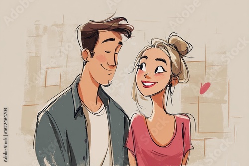 happy young couple on a date drawing style, thick lines, cartoon explainer video style, generated image