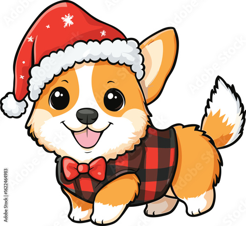 Festive Corgi puppy wearing Santa hat and plaid ready for Christmas joy