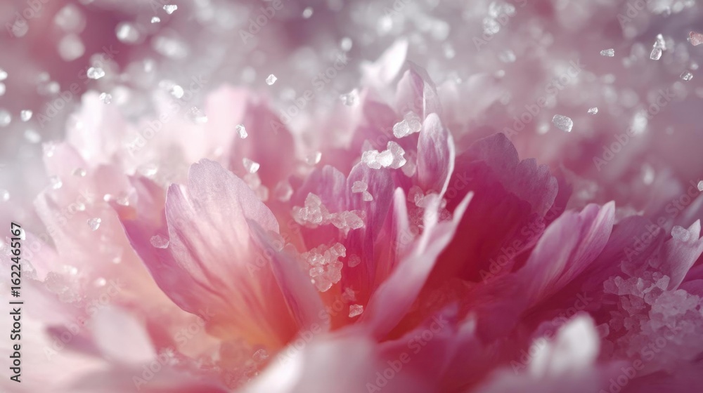 Fototapeta premium Close-up of a pink flower with water droplets scattered around it. the petals of the flower are a soft pink color and the center is a darker shade of pink.