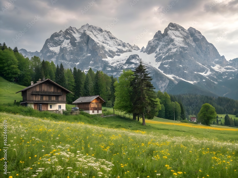 Fototapeta premium Lush green Swiss alpine meadow with a traditional wooden farm house and a stunning view of the surrounding mountain landscape under a clear summer sky