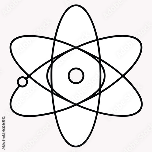 Stylized atomic model illustration featuring a central nucleus with orbiting electrons in elliptical paths