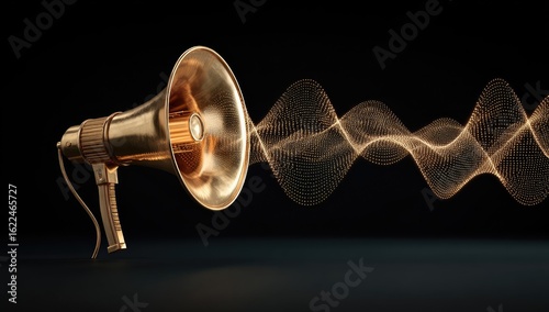 Antique gold megaphone emitting sound waves