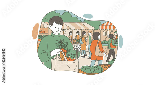 Charming Scene at a Vibrant Open-Air Farmers Market: A Young Man Holds a Bag of Fresh Organic Vegetables While Shoppers Browse Colorfully Stalls Filled With Delicious Produce and Local Goods