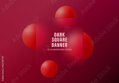 Dark red glassmorphism square banner with glowing spheres