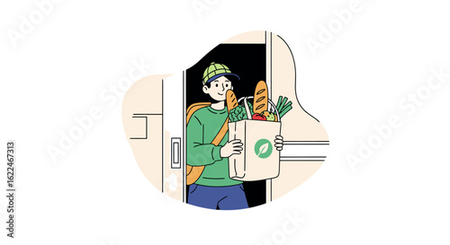Young Man Happily Carrying a Grocery Bag Filled with Fresh Produce and Bakery Items While Standing at the Doorway of His Home in a Vibrant and Cheerful Art Style