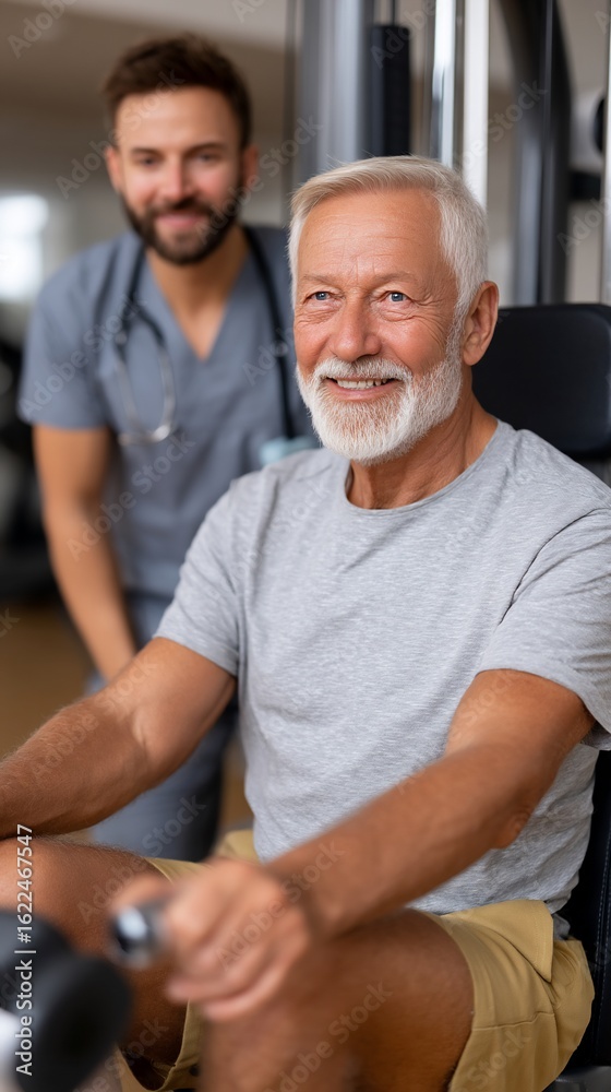 Obraz premium Smiling Senior Man Exercising with Trainer in Gym.