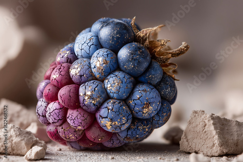 Vibrant and textured raspberry with gold accents resting on a textured surface, showcasing intricate details and colors in soft lighting