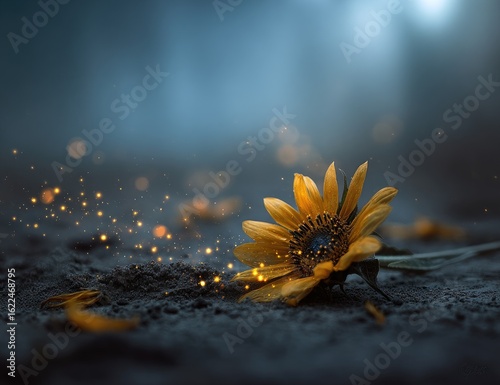 A single sunflower rests on dusty ground, bathed in ethereal light