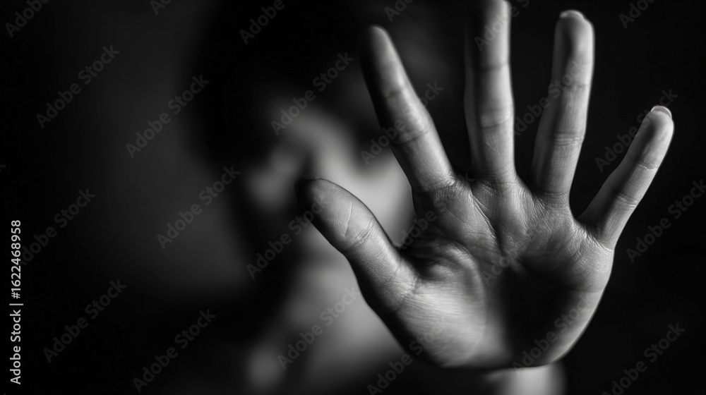 Fototapeta premium A person stands defiantly in a dark environment, raising their hand to signal a boundary while conveying a powerful message against harassment. The focus is on their determined expression