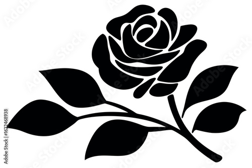 A detailed black rose blossom with stem and leaves appears against white backdrop