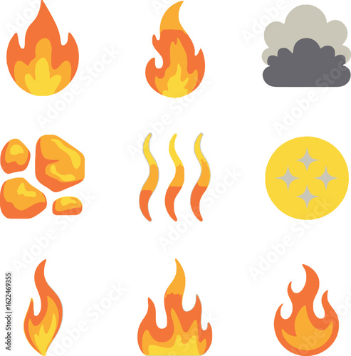 Cartoon Fire Flames Cloud Stone Heat Circle Design Elements on White
