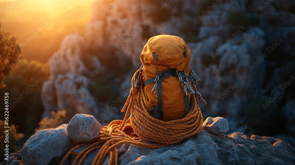 Fototapeta premium Orange climbing backpack on rocky summit at sunset