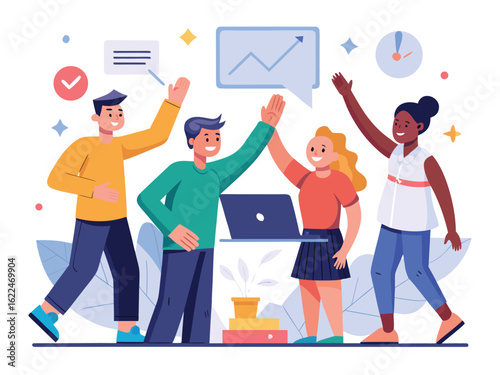 Diverse team celebrating success with high fives teamwork celebration