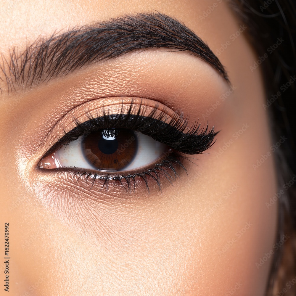 Fototapeta premium A woman with long, fluttery lashes framing her deep brown eyes, exuding warmth and confidence, her hair cascading softly around her shoulders.