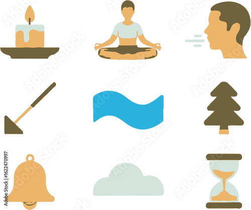 Icons Set Candle Person Meditating Breathing Hoe Wave Tree Bell Cloud Sandglass