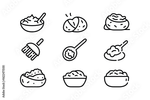Line art icons of mashed potatoes and food preparation tools bowls spoons