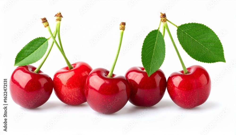 Obraz premium glossy red cherries with intact stems and serrated green leaves, isolated on a white background