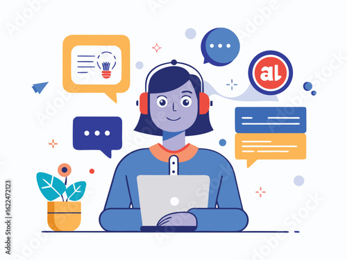 Person with headphones using laptop surrounded by chat bubbles and lightbulb illustration