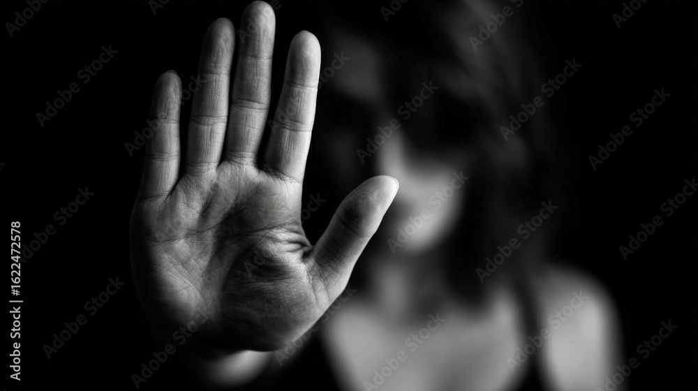 A person stands defiantly in a dark environment, raising their hand to signal a boundary while conveying a powerful message against harassment. The focus is on their determined expression A person stands defiantly in a dark environment, raising their hand to signal a boundary while conveying a powerful message against harassment. The focus is on their determined expression