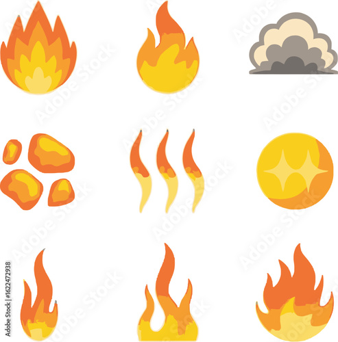 Nine Isolated Cartoon Orange Fire Elements and Cloud on White Background