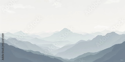 A breathtaking mountain panorama with clouds, fog, and a serene sky at sunset