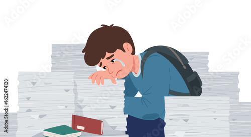 A sad male student with a backpack cries, feeling overwhelmed by large stacks of paperwork and books.
