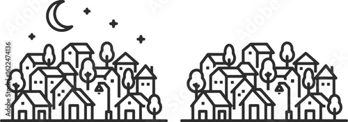 Icons of a small town or village or sleeping area with private houses, with and without the moon and stars, black line icons.
