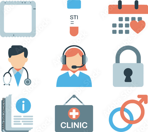 Safe Sex Icons Set with Clinic Sign and Condom in Flat Design on White
