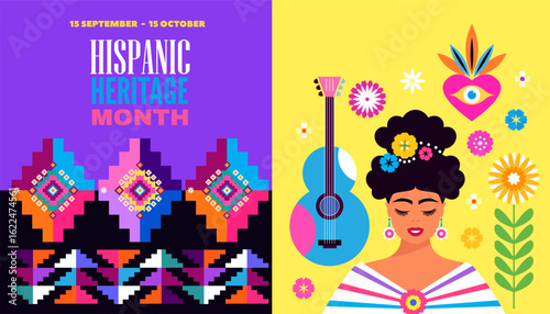 National Hispanic heritage month banner with girl, papel picado, guitar Hispanic and Latino Americans culture, event Celebrate annual october in United States Vector illustration template background