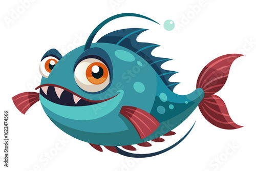 A humorous and colorful cartoon illustration of an anglerfish with a glowing lure, large eyes, and a wide mouth full of sharp teeth.